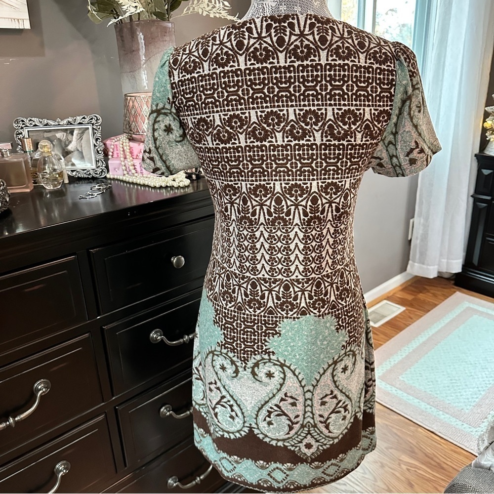 Papillon Boho Paisley Knit Brown Teal Floral Sweater Dress Eclectic Grandpa M - Picture 7 of 16